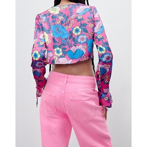 Zara Satin Floral Crop Top XS Flyaway Tie Front Bell Sleeve Pink - Picture 2 of 11